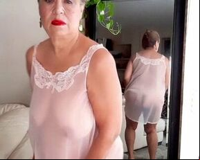 Mature bbw woman with hairy pussy wearing  sheer nightgown